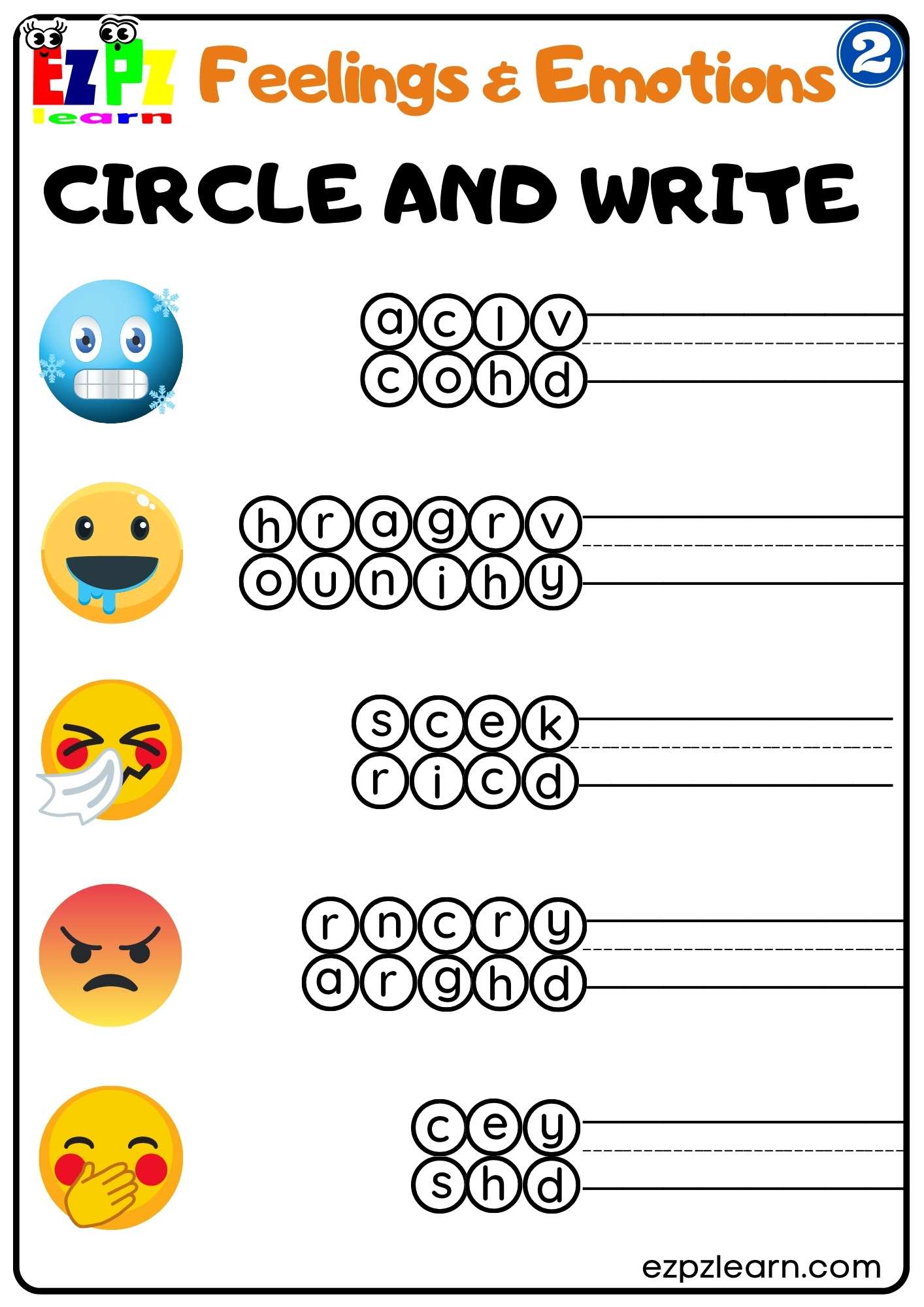 Group 2 Feelings and Emotions Circle and Write Worksheet for Children and ESL Students Free PDF Download
